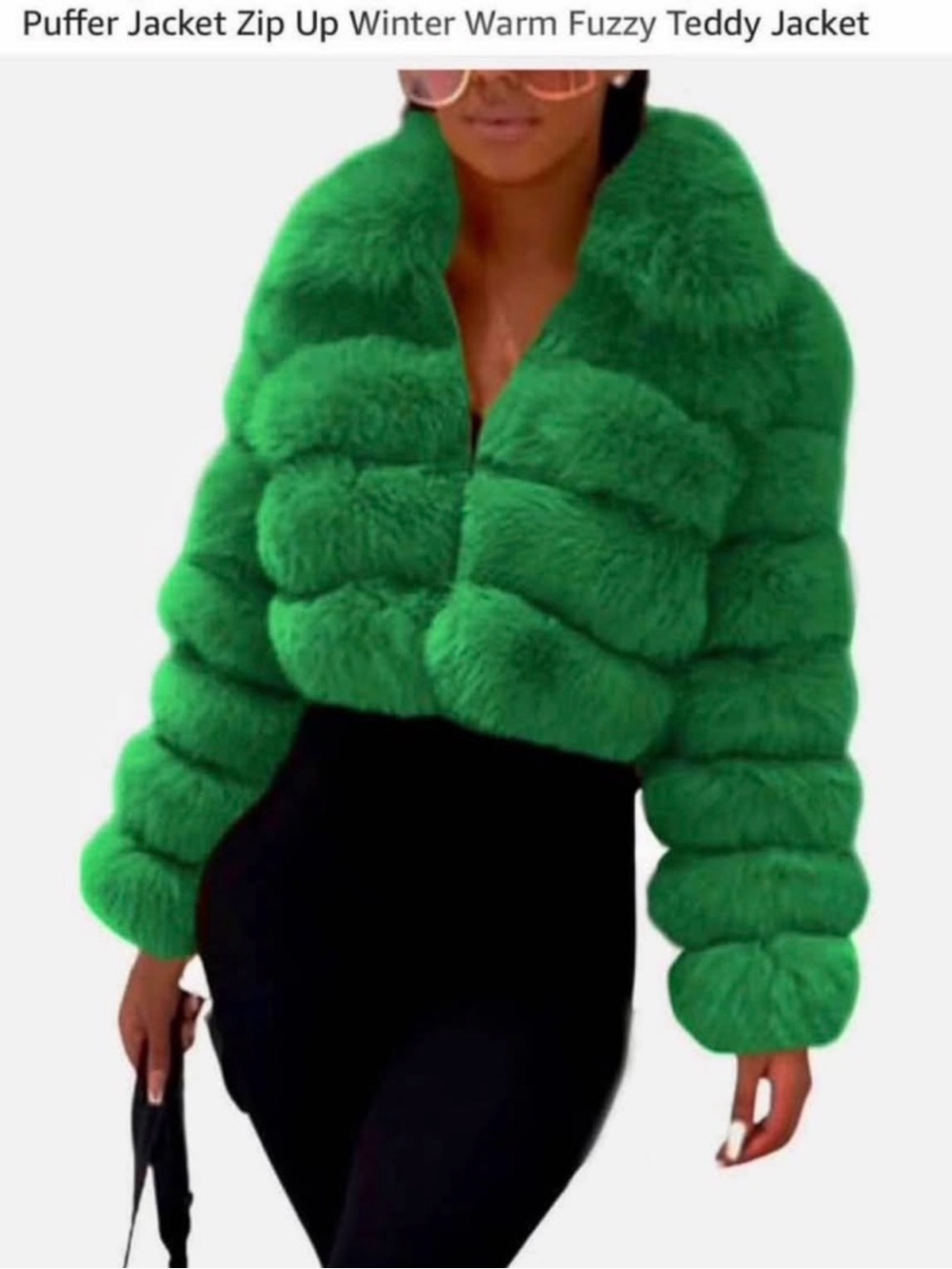 Green Fuzzy Teddy Puffer Jacket - Women's Zip-Up Coat